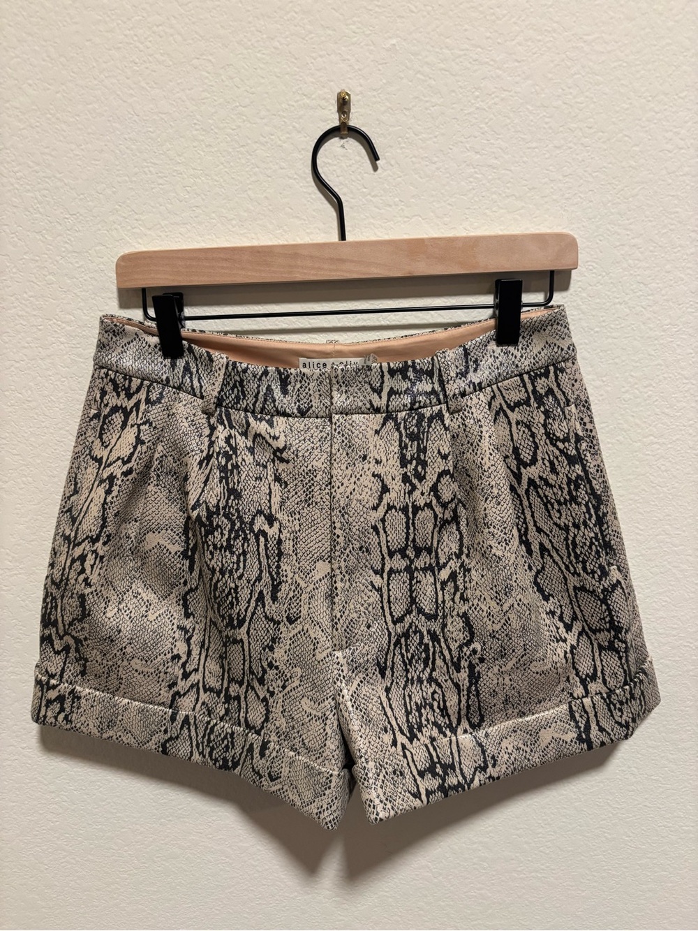 Faux Leather Snake-Print Women's Shorts in Beige and Black